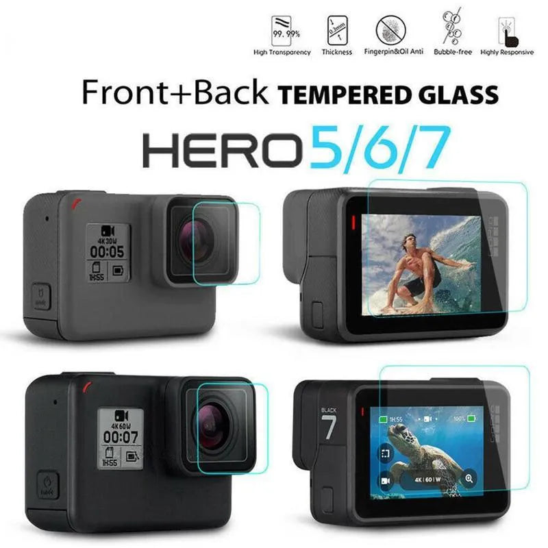 Transparent tempered glass lens and LCD screen protector set for GoPro Hero 5, 6, and 7 cameras