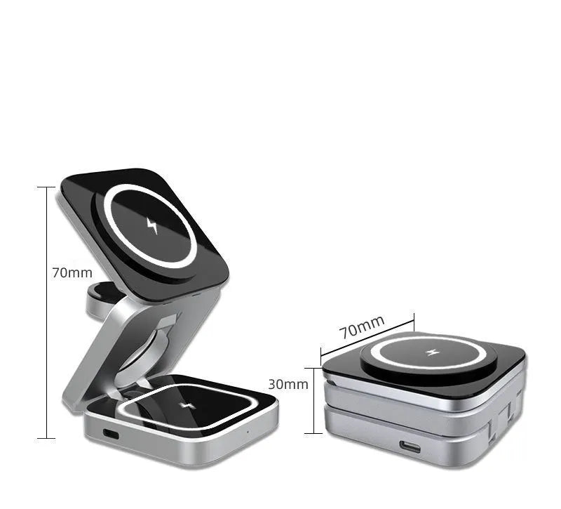 Three-in-one desktop wireless charging bracket unfolded on desk with iPhone, Samsung phone, and Google Pixel Watch positioned for charging