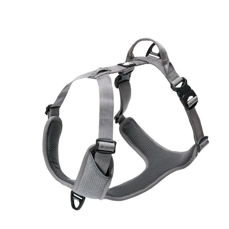 Reflective dog chest vest harness in light grey with adjustable nylon straps, mesh lining, and aluminium alloy D buckle