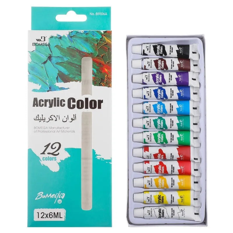 Set of artist paint tubes for acrylic, gouache, watercolour, oil, glass and textile painting in 12 colours.