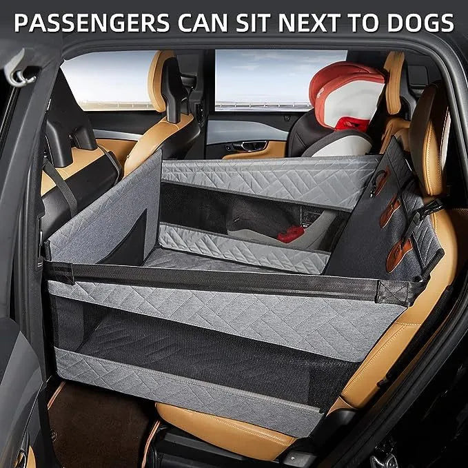 Grey water resistant cloth dog bed measuring 56x56x40 cm for car travel with pets