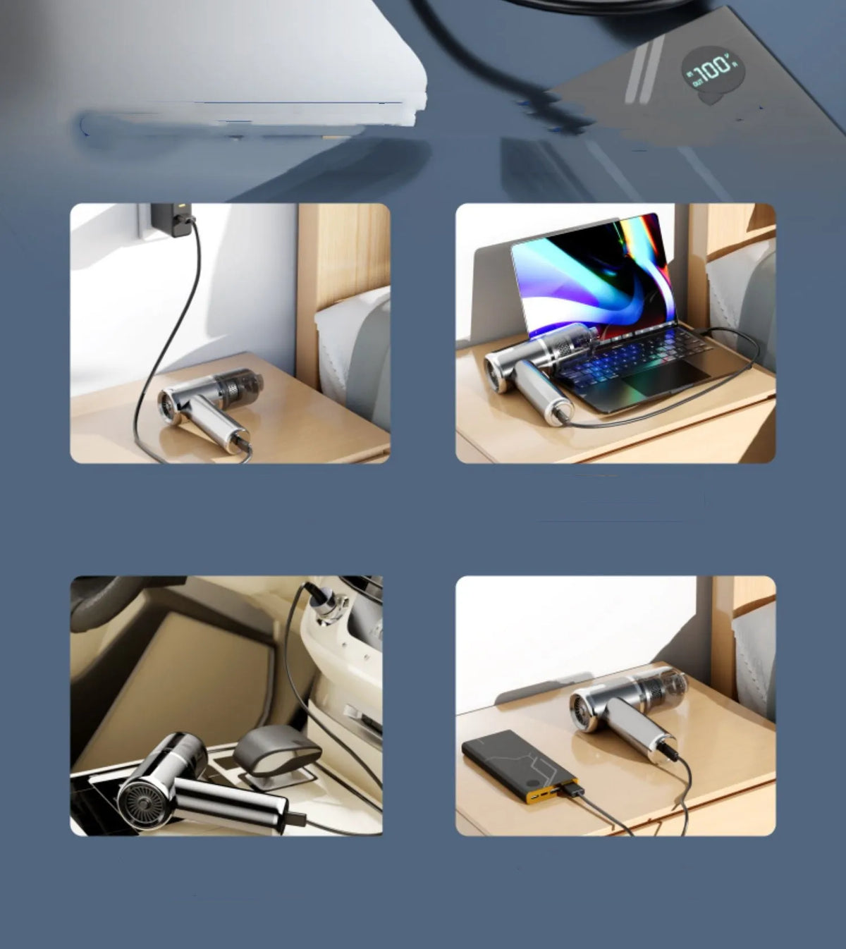 Dark grey handheld car vacuum cleaner with brush nozzle and Type-C charging cable