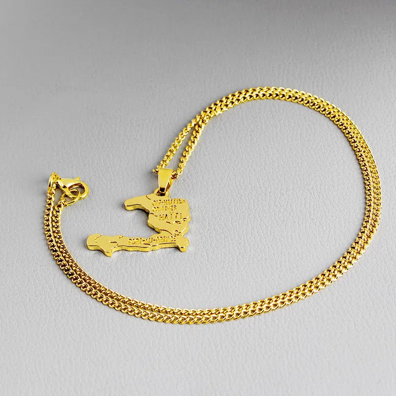 Gold-colour alloy Haiti map necklace with snake bone chain and extension chain under 10cm