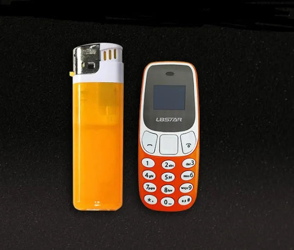 Miniature blue thumb phone with 0.66-inch OLED display, 68mm length, and keypad for dual SIM calling