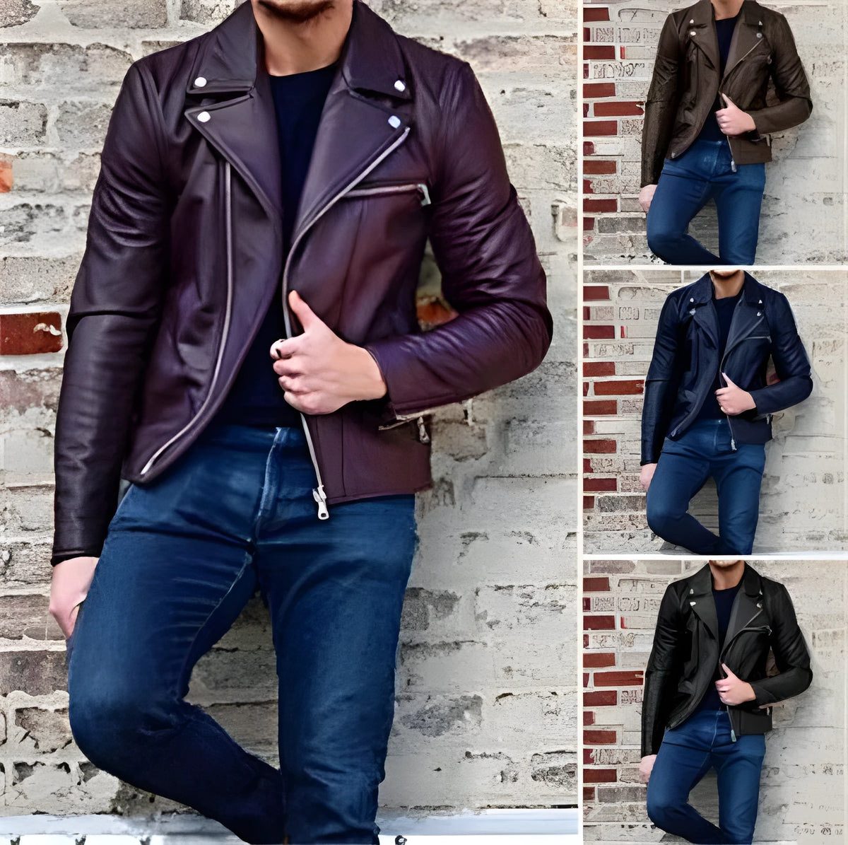 Men's denim-style jacket in black or purple, 50% polyester, Asian sizes M to 3XL