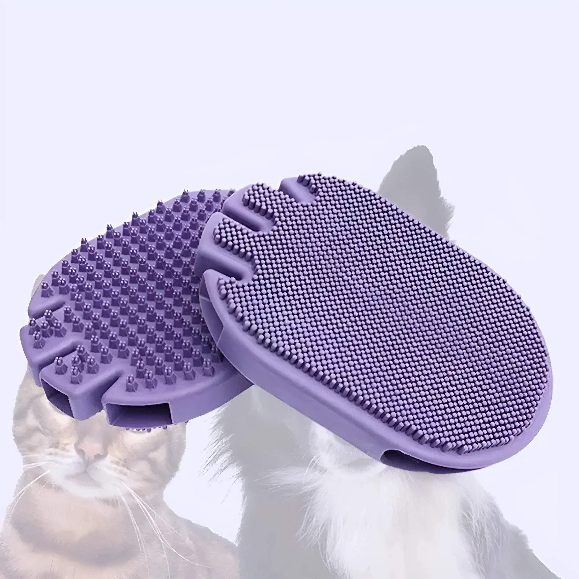 Purple massaging pet shampoo brush with soft TPR bristles for dog grooming