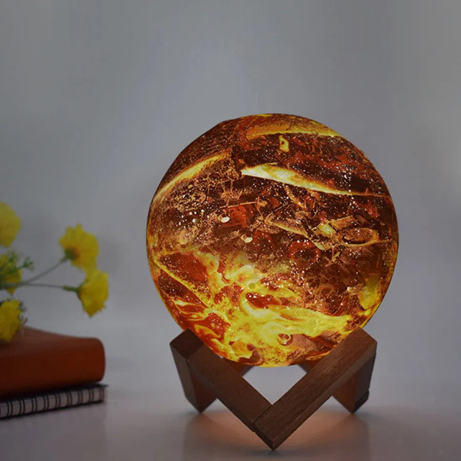 Painted flame LED 3D night light with PVC shade, 150mm diameter, touch switch, USB power