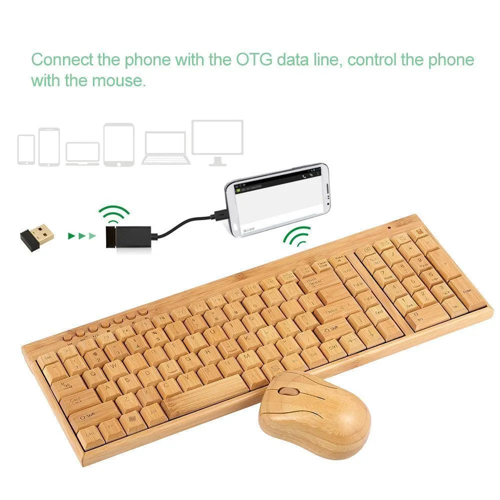 Bamboo wireless keyboard and mouse set, keyboard 400x135x25mm, mouse 94x65x35mm, natural bamboo shell