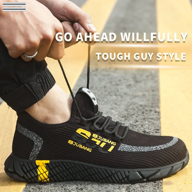 Men's fly textured anti-puncture work shoes in black and yellow, sizes 37 to 45