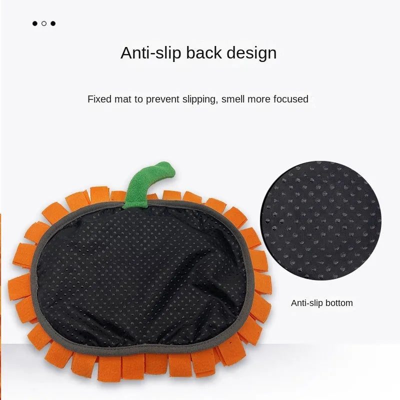 Orange pumpkin-shaped dog sniffing mat with soft fur texture for slow feeding training