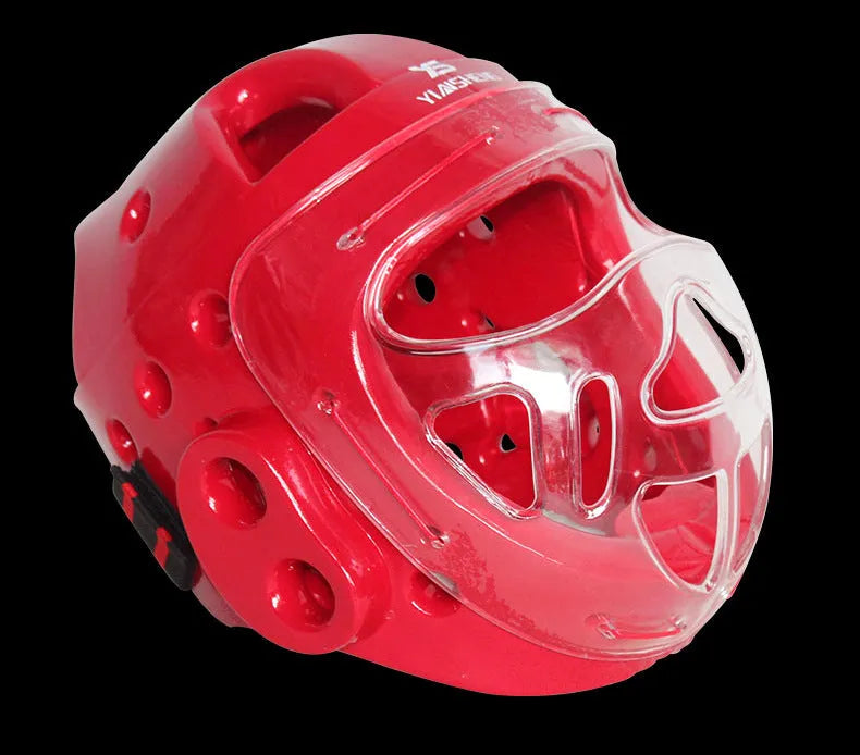 Karate training helmet for boxing head protection in blue colour with adjustable chin strap