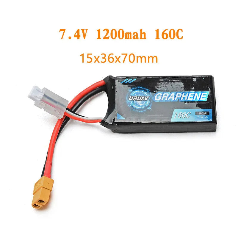 7.4V 1200mAh lithium battery for RC remote control cars and models measuring 15x36x70mm