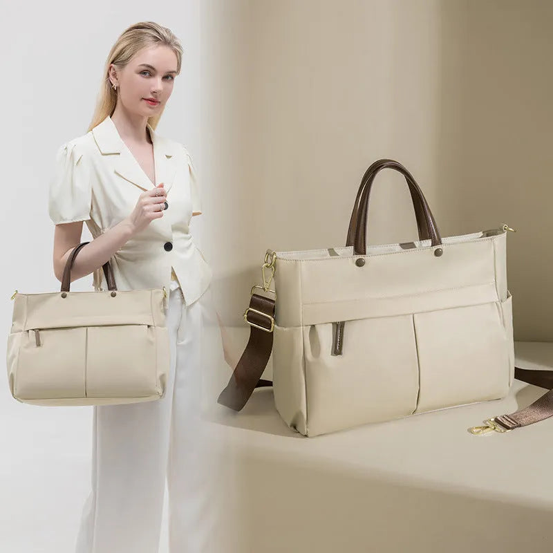 Women's Oxford cloth laptop briefcase with open outer pocket in Nuts and Apricots colour
