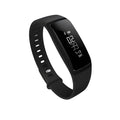 Smart band fitness tracker with 0.87 inch OLED screen on a wrist, available in black, blue, and violet