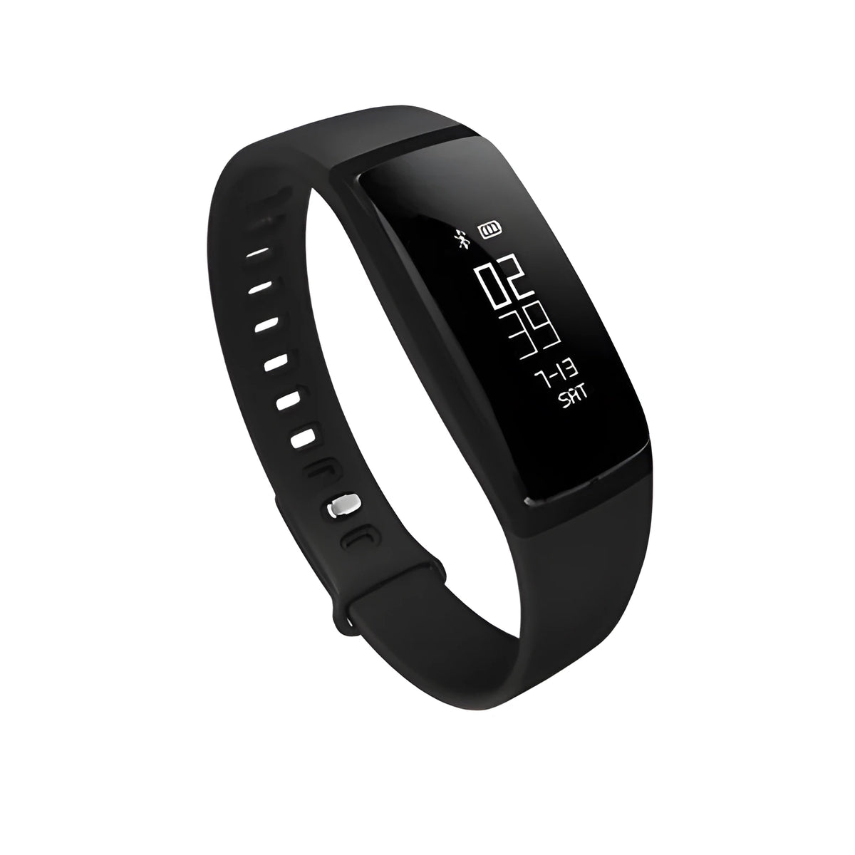 Smart band fitness tracker with 0.87 inch OLED screen on a wrist, available in black, blue, and violet