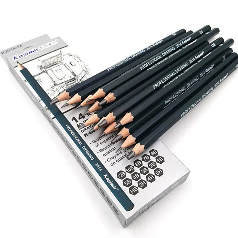 Boxed set of fourteen black sketching pencils ranging from 6H to 12B, each 18 cm long