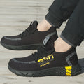 Men's fly textured anti-puncture work shoes in black and yellow, sizes 37 to 45