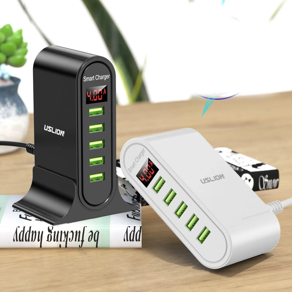 Black and white smart USB wall charger with LED digital display and UK, US, EU plug adapters