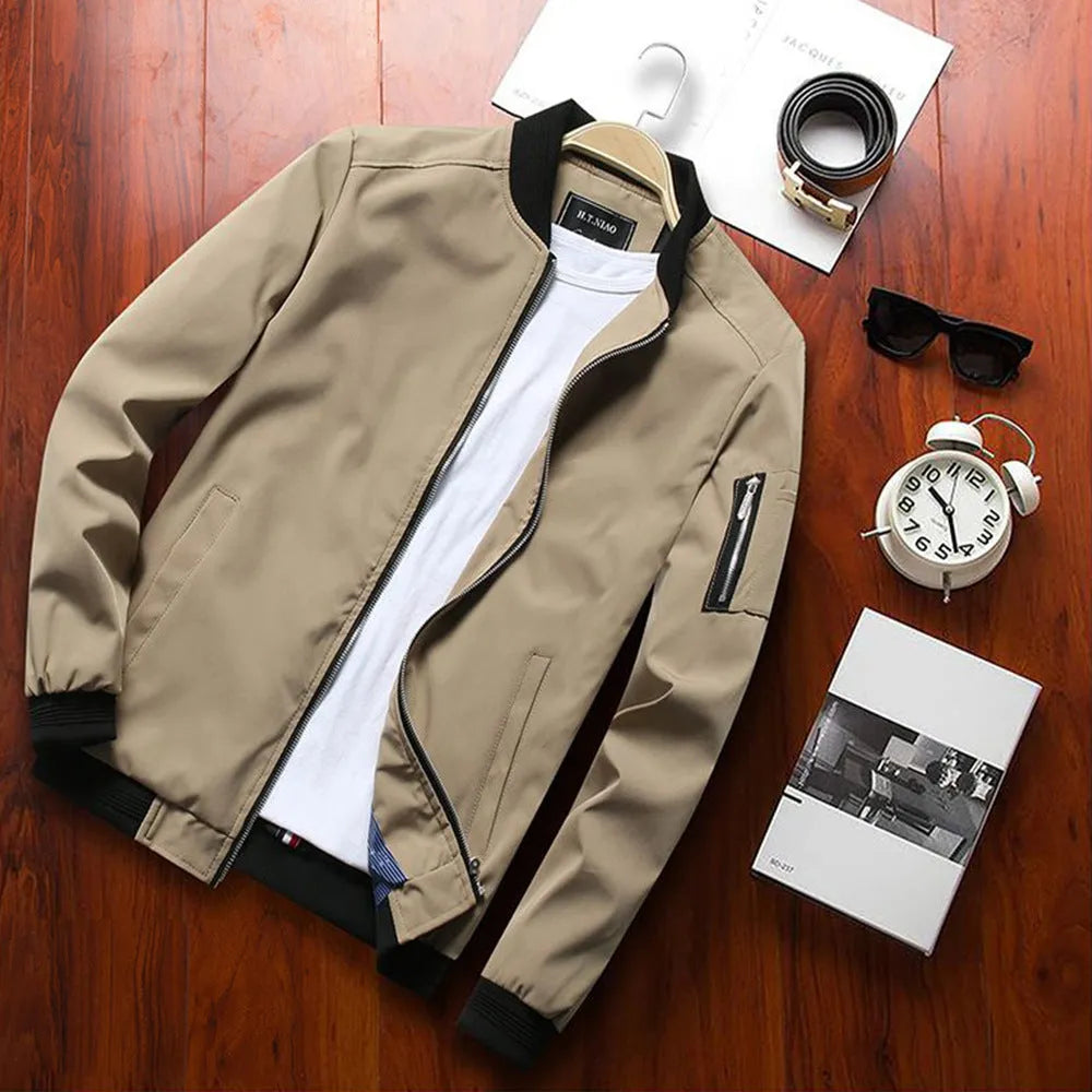 Men's slim-fit casual baseball jacket with zippered front and side security pockets in red colour