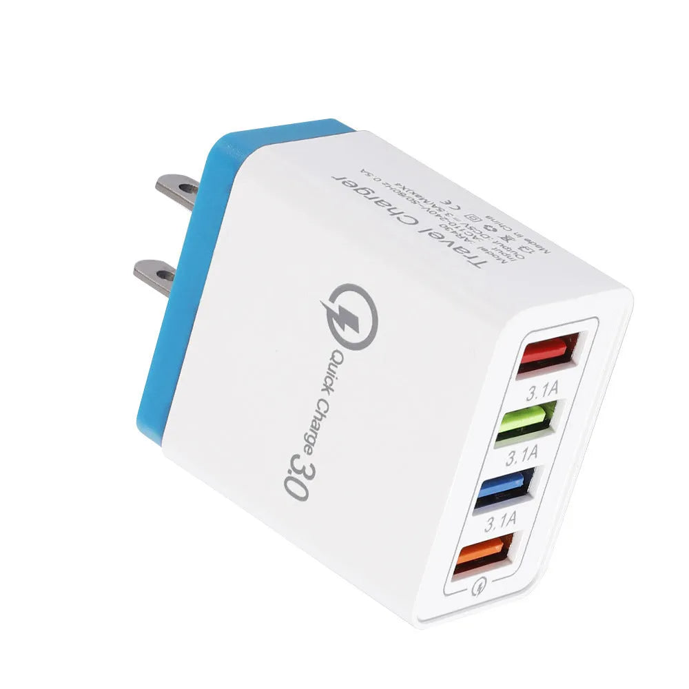 Luminous 4-port USB mobile phone charger in dark blue with EU plug, showing glowing indicator lights.