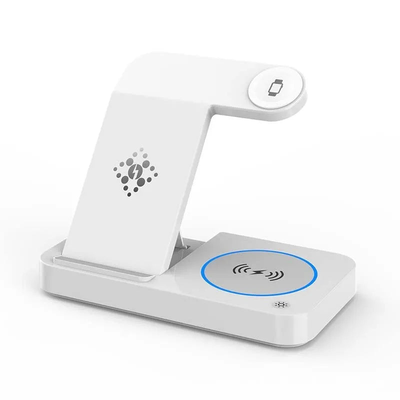 Folding three-in-one wireless charging stand in black, with phone, watch and earbud charging areas and 120cm Type-C cable