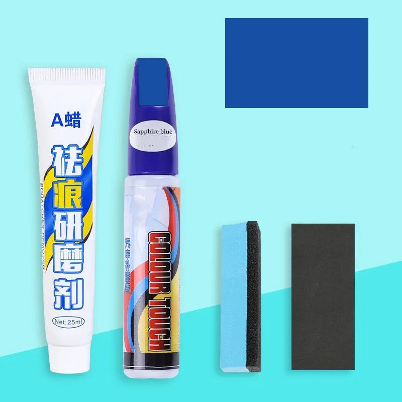 Automotive paint repair pen kit with scratch wax, paint pen, sponge, and sandpaper for car scratches
