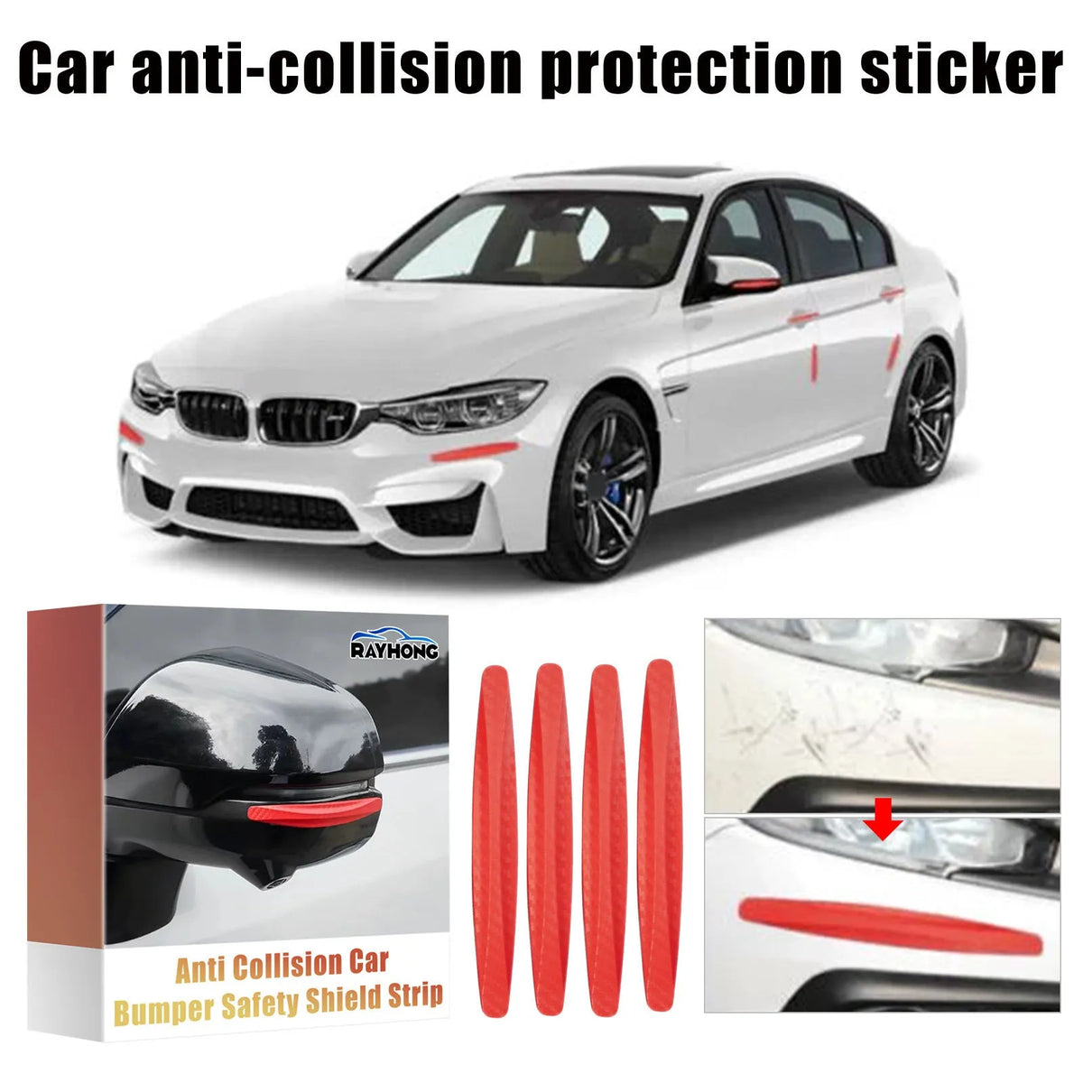 Four car anti-scratch strips, each 13cm x 1.5cm, made from polyvinyl chloride for car body protection.