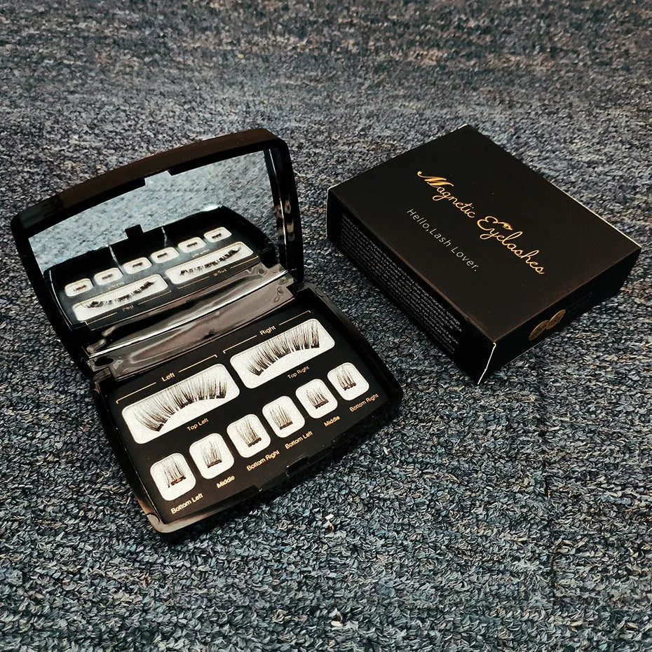 Magnetic eyelashes set with 3+6 small clusters, black box, transparent cover with mirror, and black tweezers option.