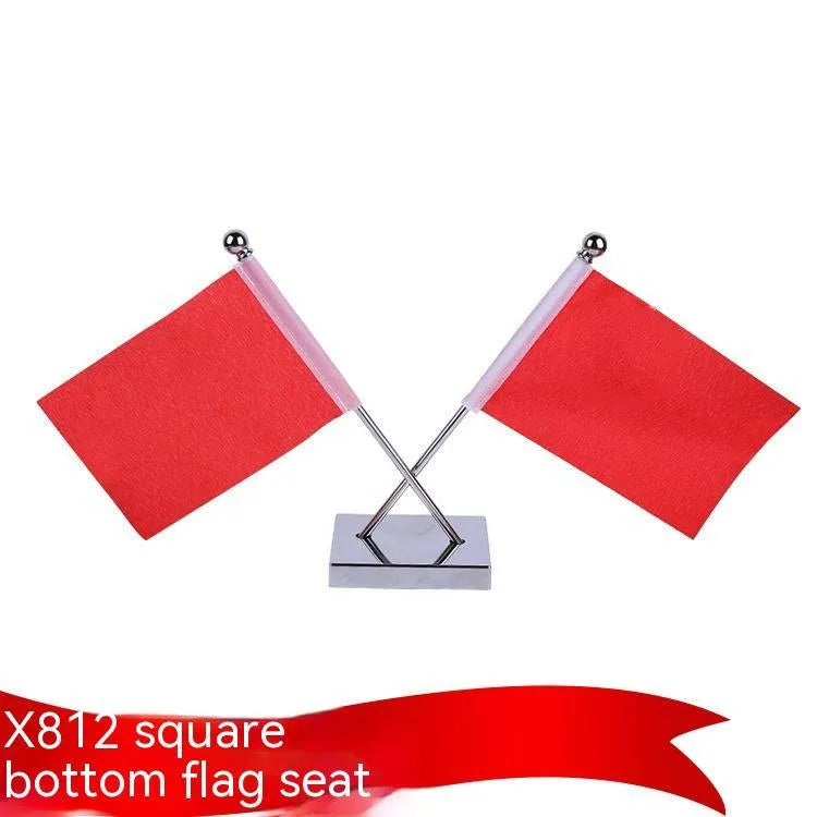 Adjustable metal telescopic rod decoration with a coloured polyester flag on a stand, shown on a car dashboard.