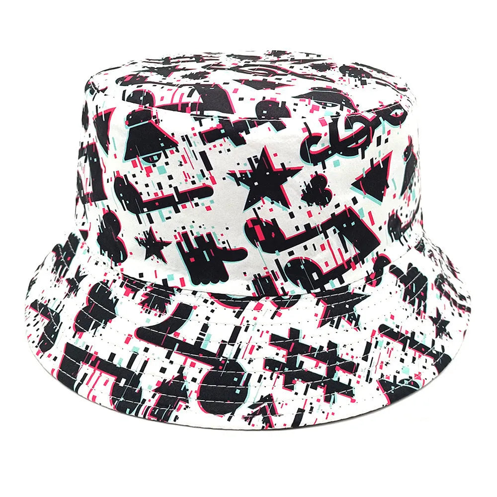 Musical note pattern printed bucket hat with dome crown in polyester fabric measuring 56-58cm