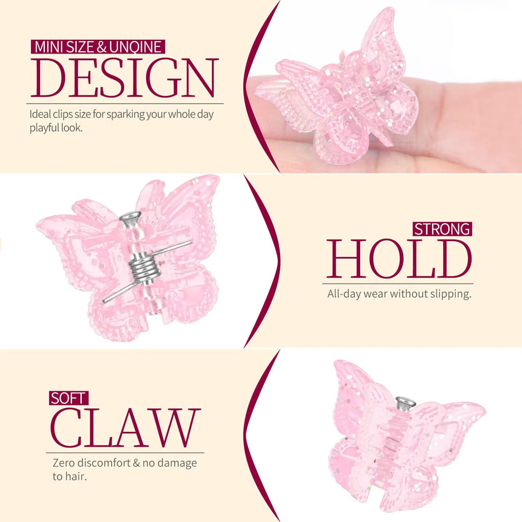 Set of 50 mini butterfly hair claw clips in assorted glitter colours on white background