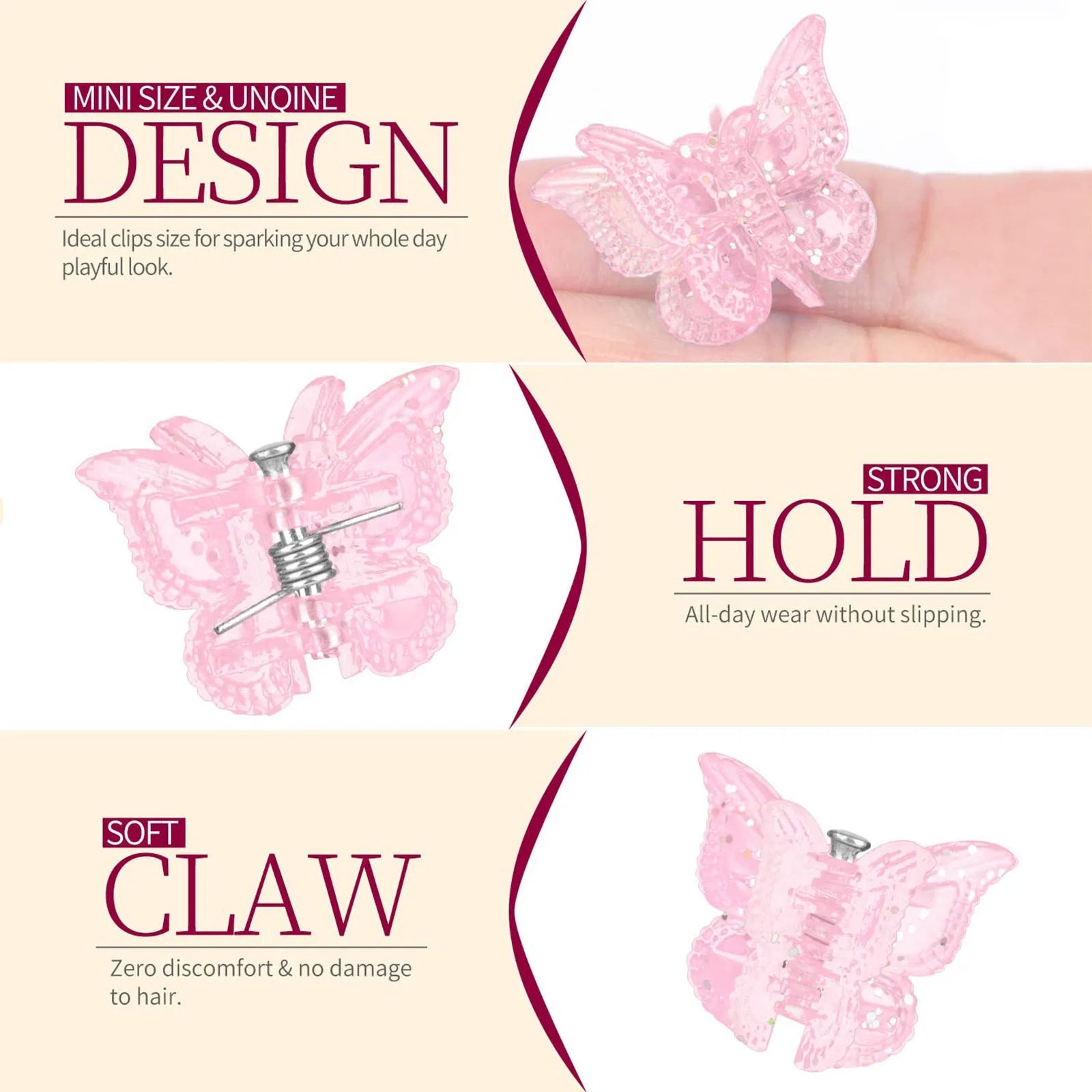 Set of 50 mini butterfly hair claw clips in assorted glitter colours on white background
