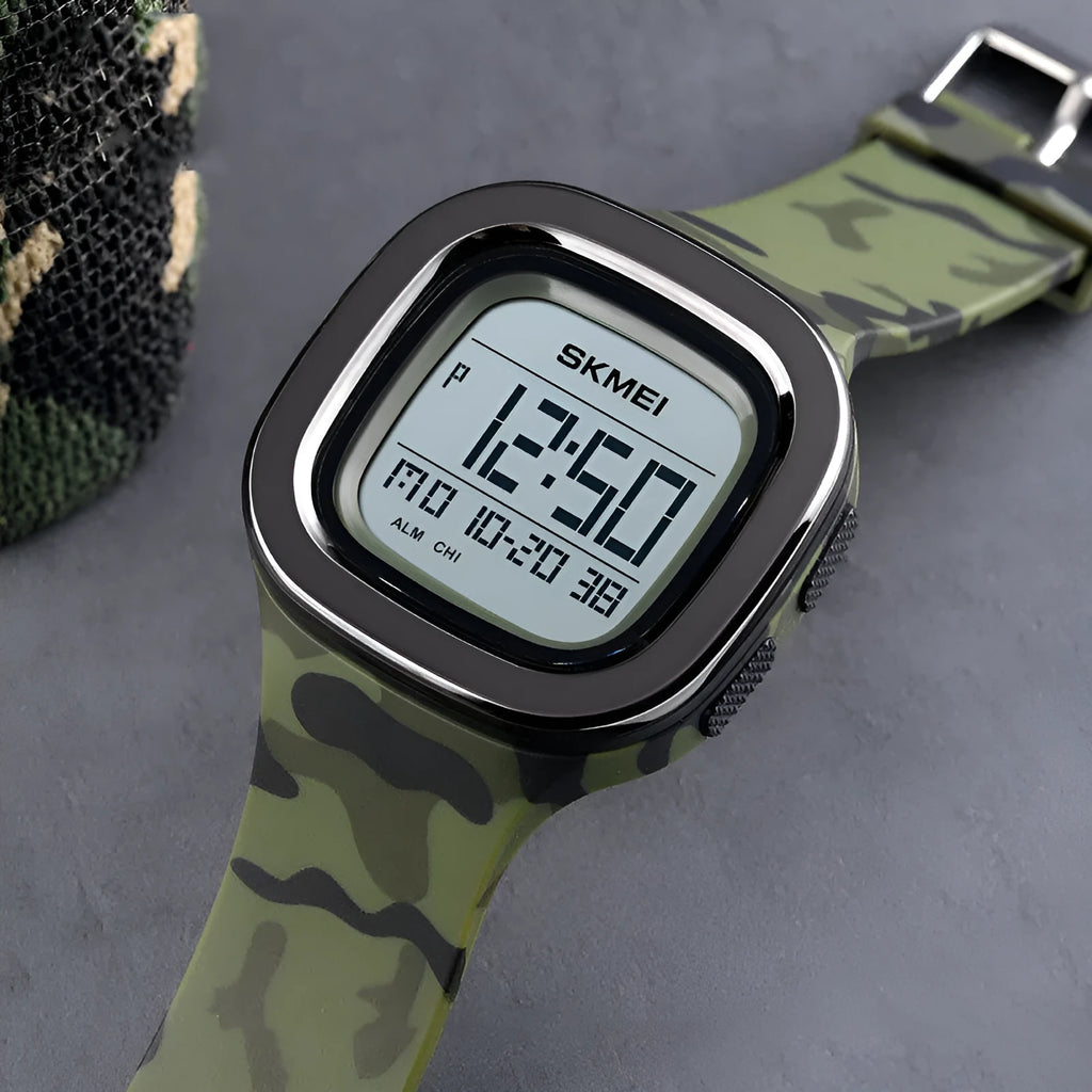 Men's square electronic sports watch with PU strap, stainless steel buckle, available in blue, Army Green, black, and camouflage.