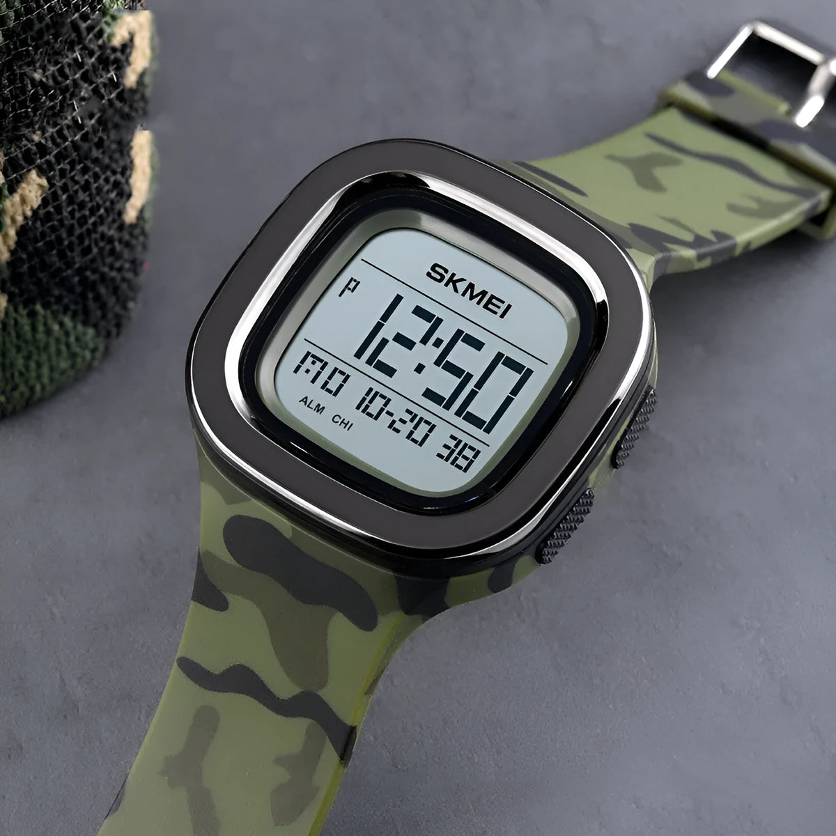 Men's square electronic sports watch with PU strap, stainless steel buckle, available in blue, Army Green, black, and camouflage.