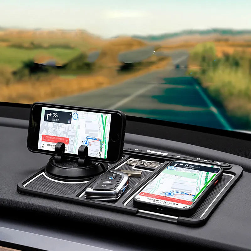 Black non-slip car phone pad with red edge on dashboard, 4-in-1 design with 360 degree rotation, PVC material