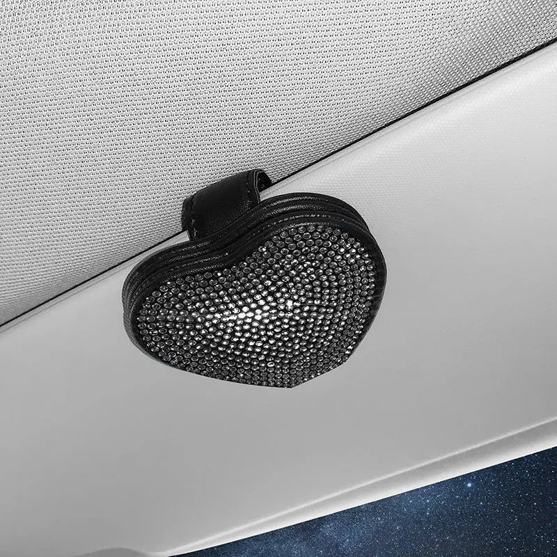 Diamond-encrusted PU leather magnetic clip for car sun visor holding sunglasses