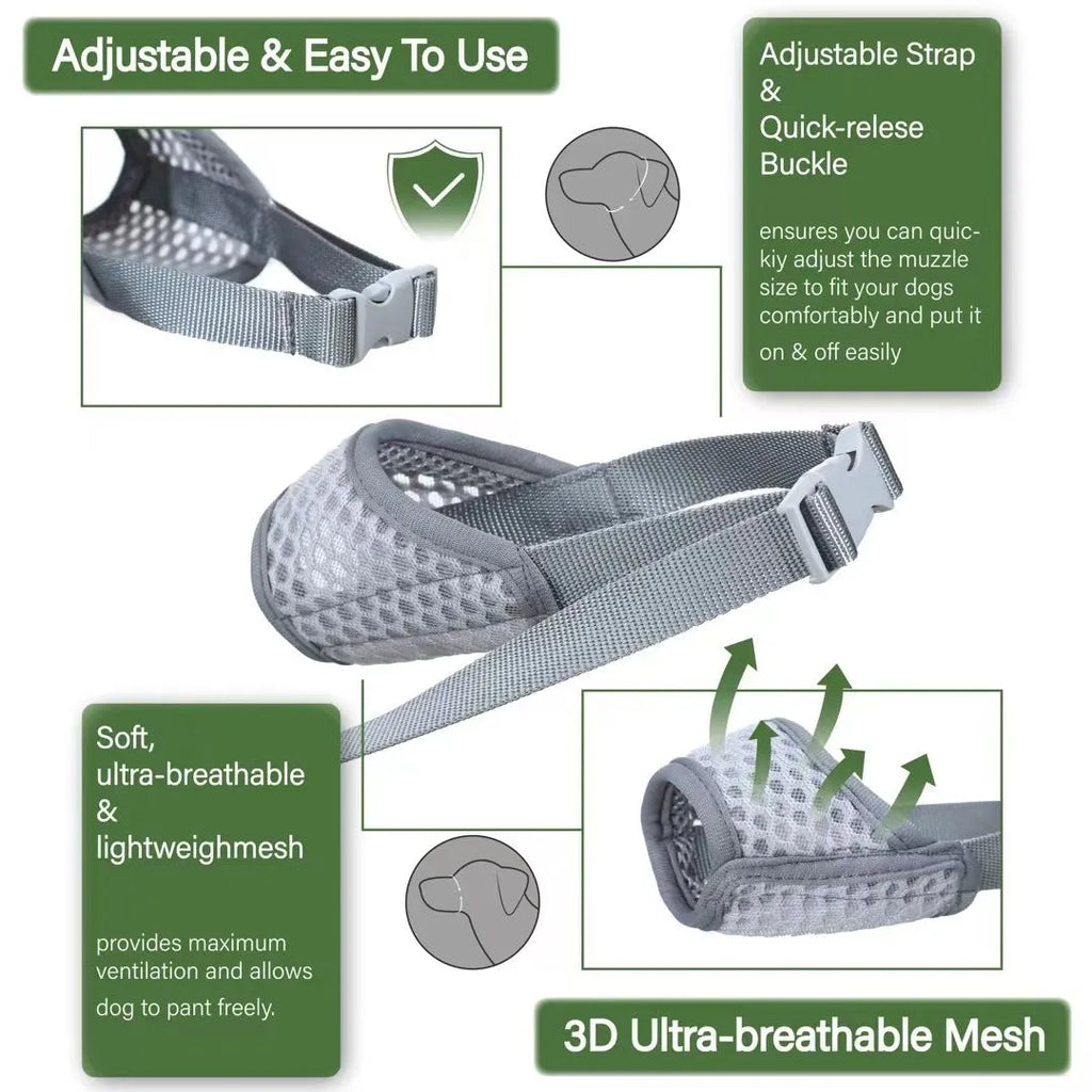Breathable mesh dog muzzle with adjustable buckle in black, grey, or green, sizes S to XXL for biting and barking.