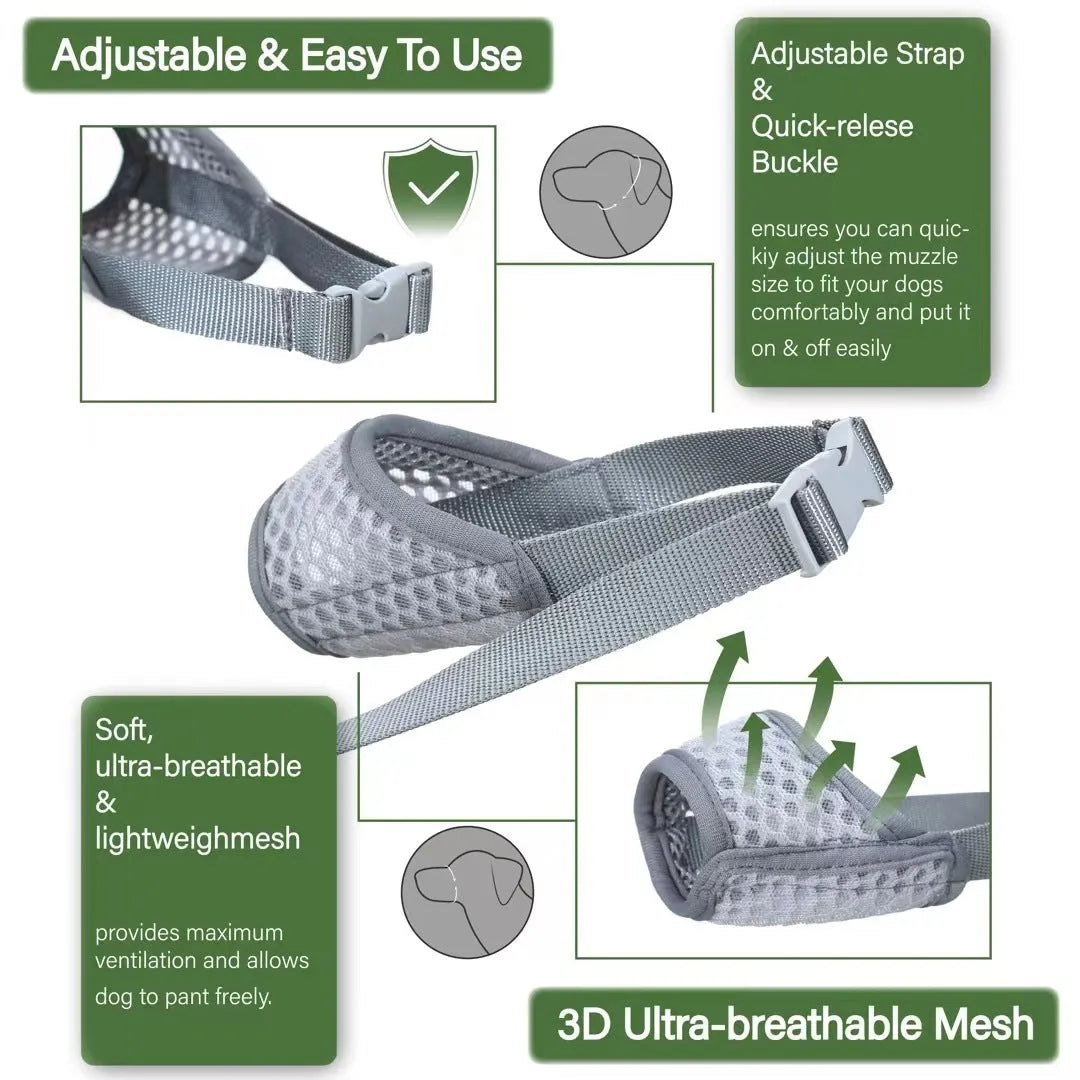 Breathable mesh dog muzzle with adjustable buckle in black, grey, or green, sizes S to XXL for biting and barking.
