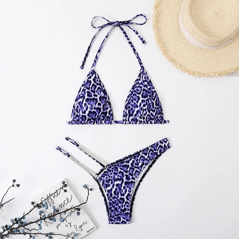 Leopard print bikini set in yellow, black, purple, or green, sizes S, M, L, polyester two-piece
