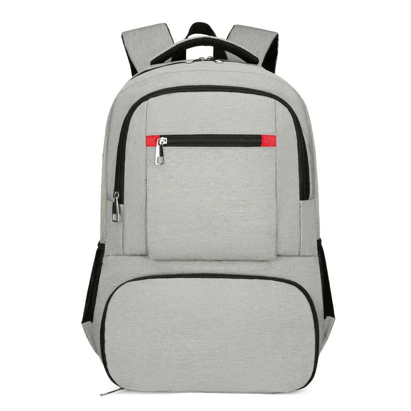 Insulated Oxford cloth backpack in light grey showing curved shoulder straps and dry-wet separation compartment