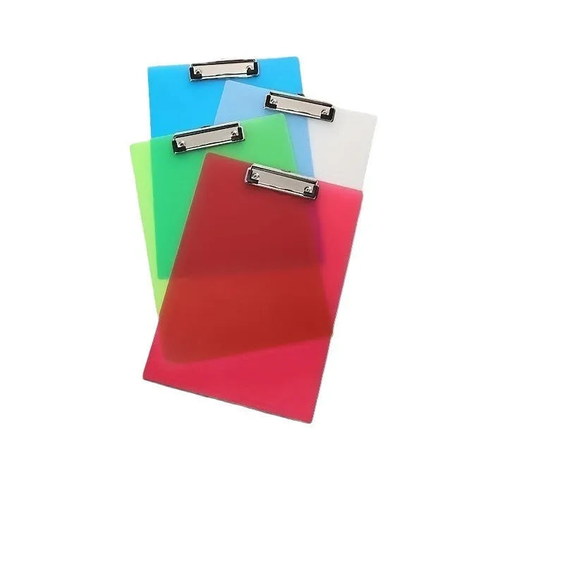 A4 transparent plate holder writing board with metal clip, shown in blue on a desk.