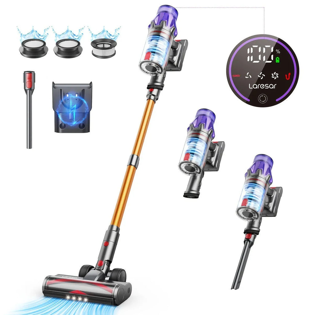Cordless vacuum cleaner V7-CJD1003 with 500W motor and 50KPa suction, shown with power cord and manual.