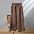 Women's apricot straight-leg casual pants with elastic waist and lace-up drawstring