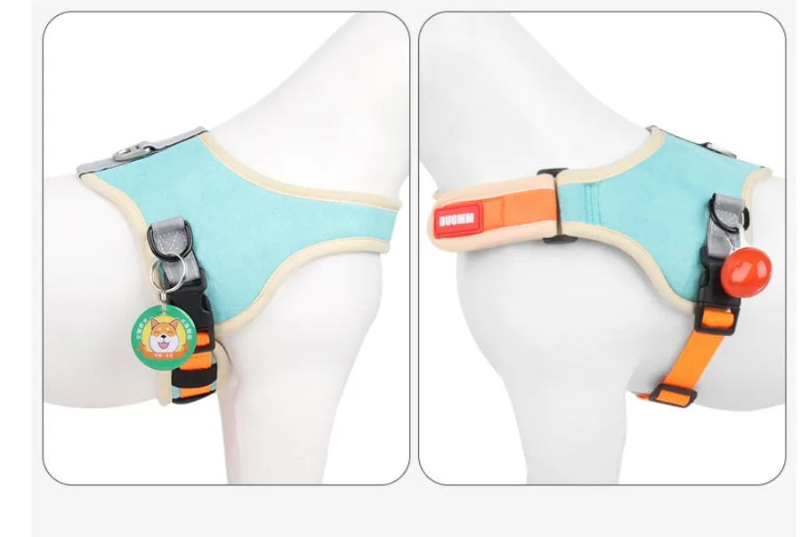 Suede dog harness chest strap in blue, adjustable, sizes S to XL