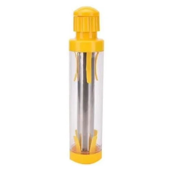 Yellow cylindrical corn stripper tool with stainless steel blades for removing kernels.