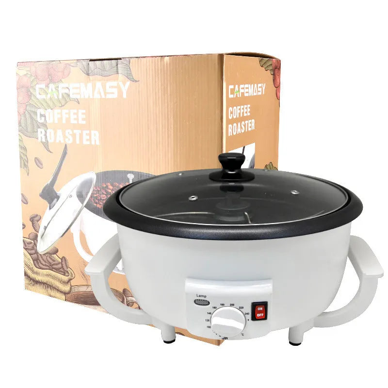 White oblate coffee roasting machine with 750g capacity and 225mm pot diameter