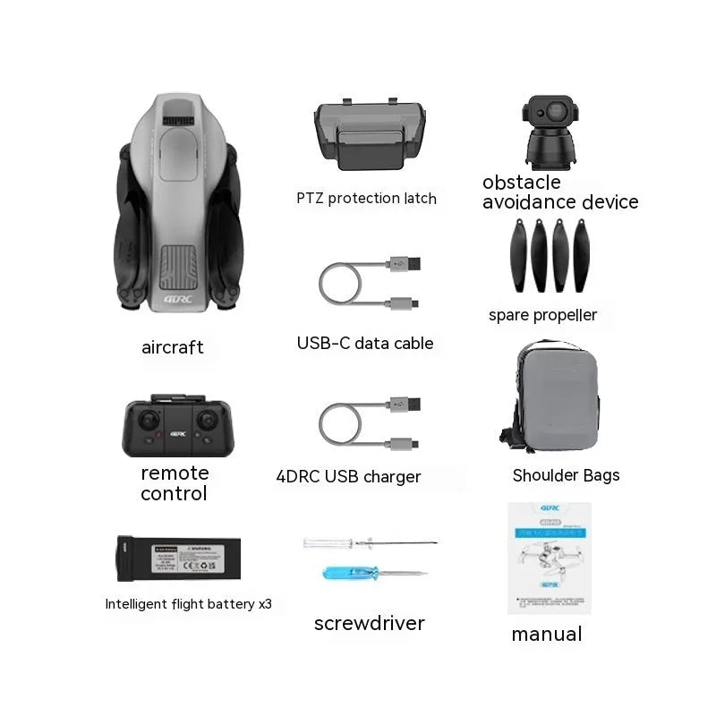 White foldable quadcopter drone with camera, remote control, flight batteries, and shoulder bag laid out.