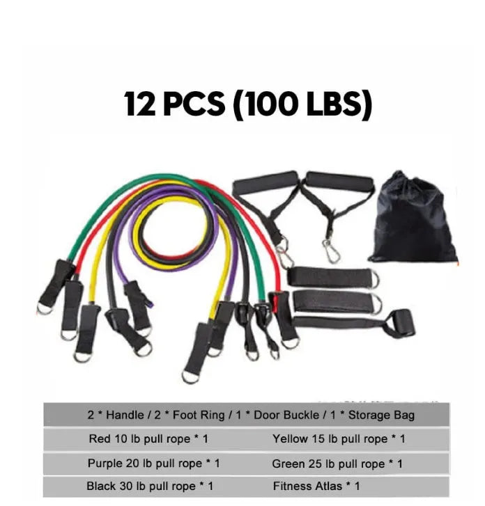 Latex resistance band set with colour-coded pull ropes, handles, foot rings, door buckle, storage bag