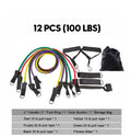 Latex resistance band set with colour-coded pull ropes, handles, foot rings, door buckle, storage bag