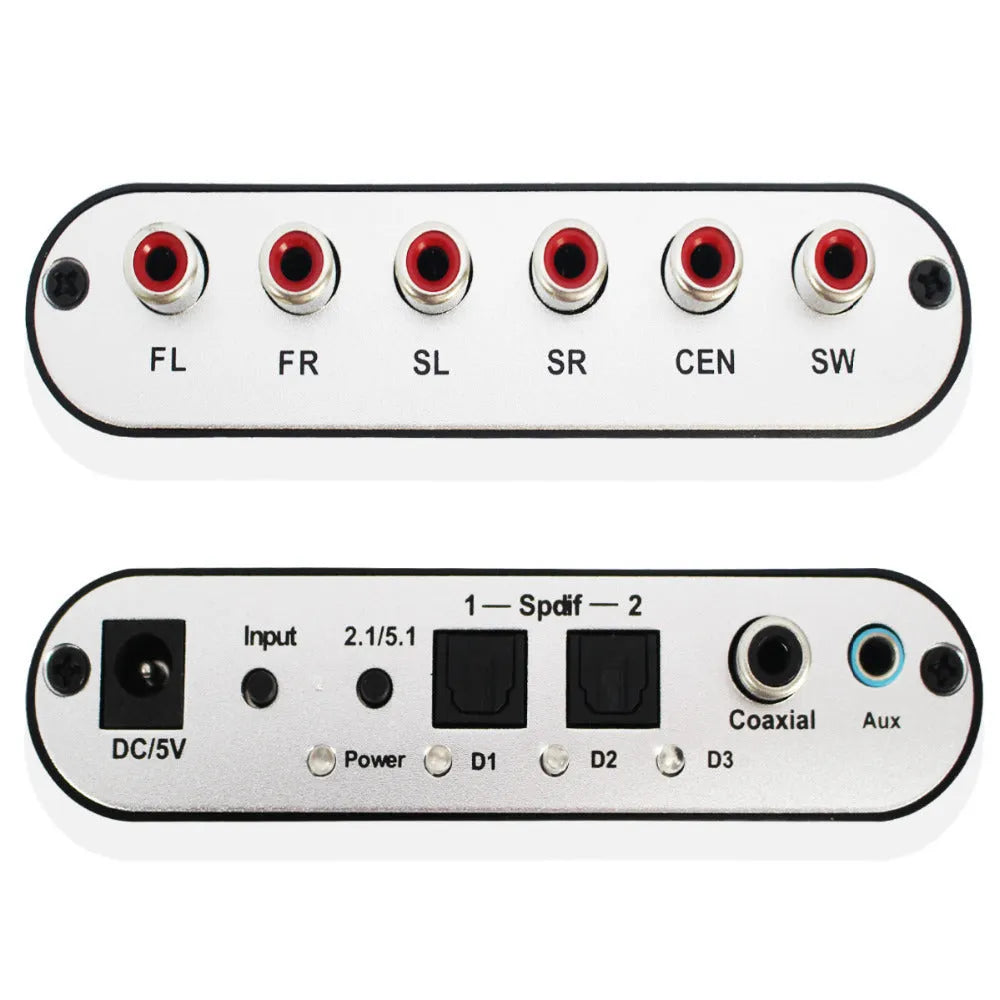 Black DTS Dolby AC-3 audio decoder converting optical fibre coaxial to 5.1 channel surround sound